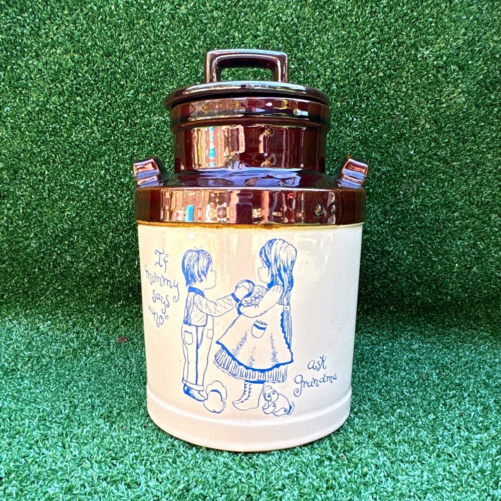 Ceramic Round Lidded Jar Crock w/ Handle Lid, Blue Children Design, 11in